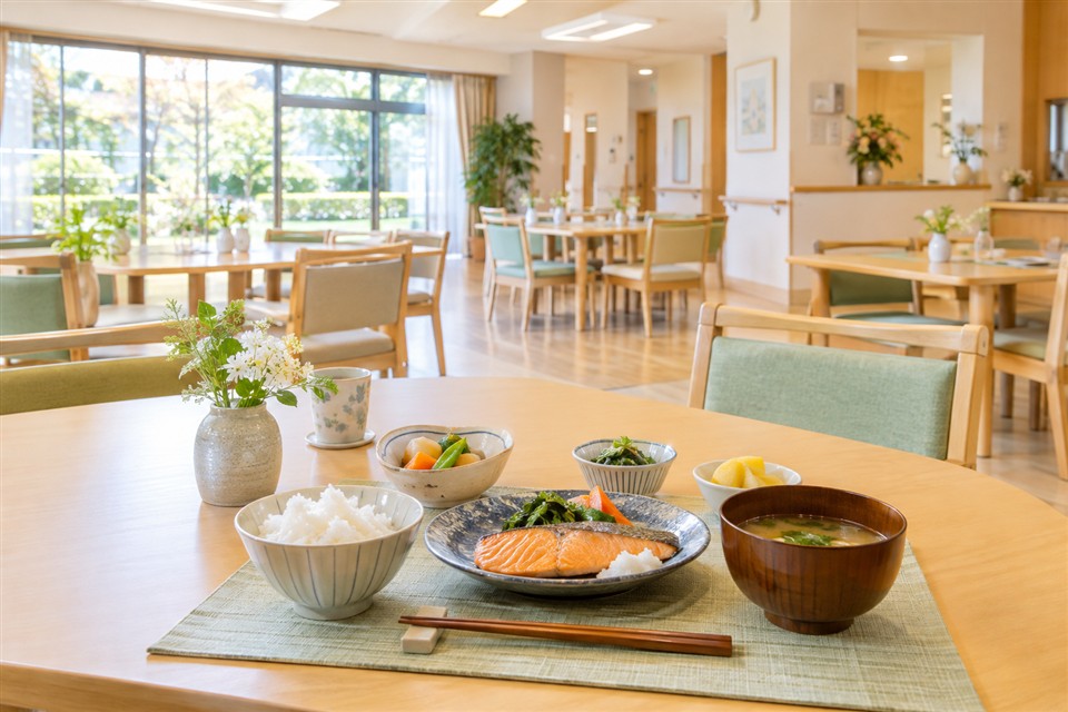 養護施設の明るい共用食堂と食事