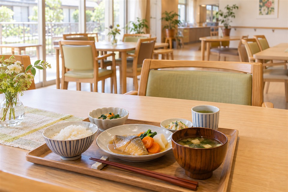老人ホームの落ち着いた食堂と食事