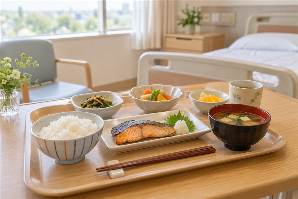 明るい病室に用意された食事のトレー