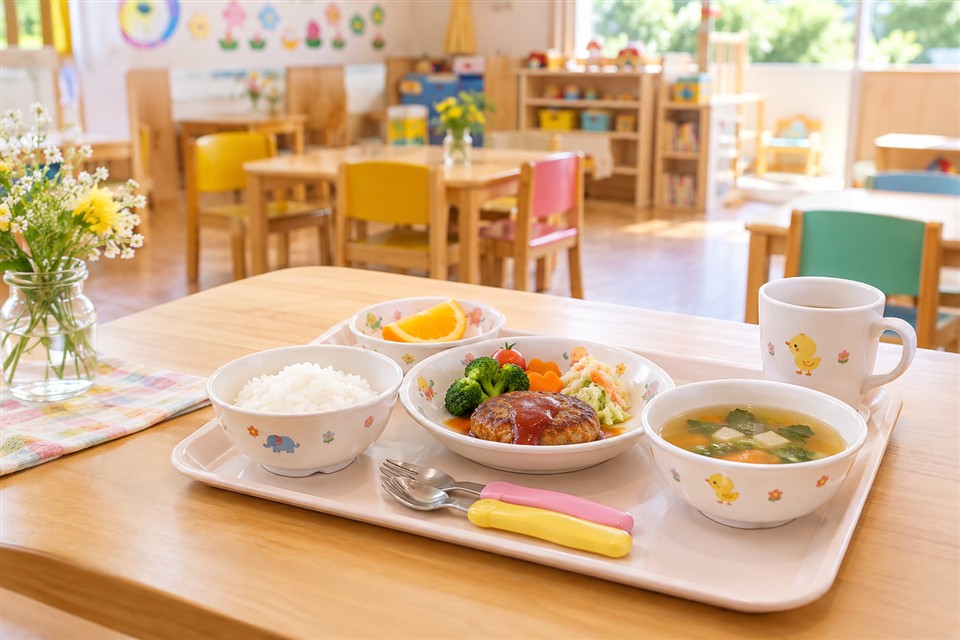 小さなテーブルと椅子のある保育室の給食